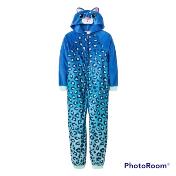Cat & Jack Leopard Hooded Ears Girls Pajama Onesie Blue Burst Sz Large - Picture 1 of 6